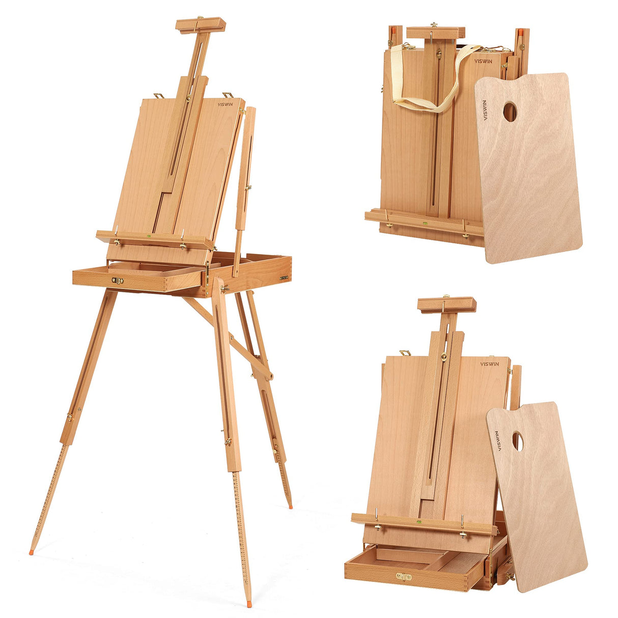 VISWIN French Easel, Hold Canvas up to 34", Beech Wood Adulstable Foldable Studio & Field Sketchbox Easel with Drawer, Palette, Level Instrument & Scale Leg, Portable Tabletop & Floor Painting Easel VISWIN