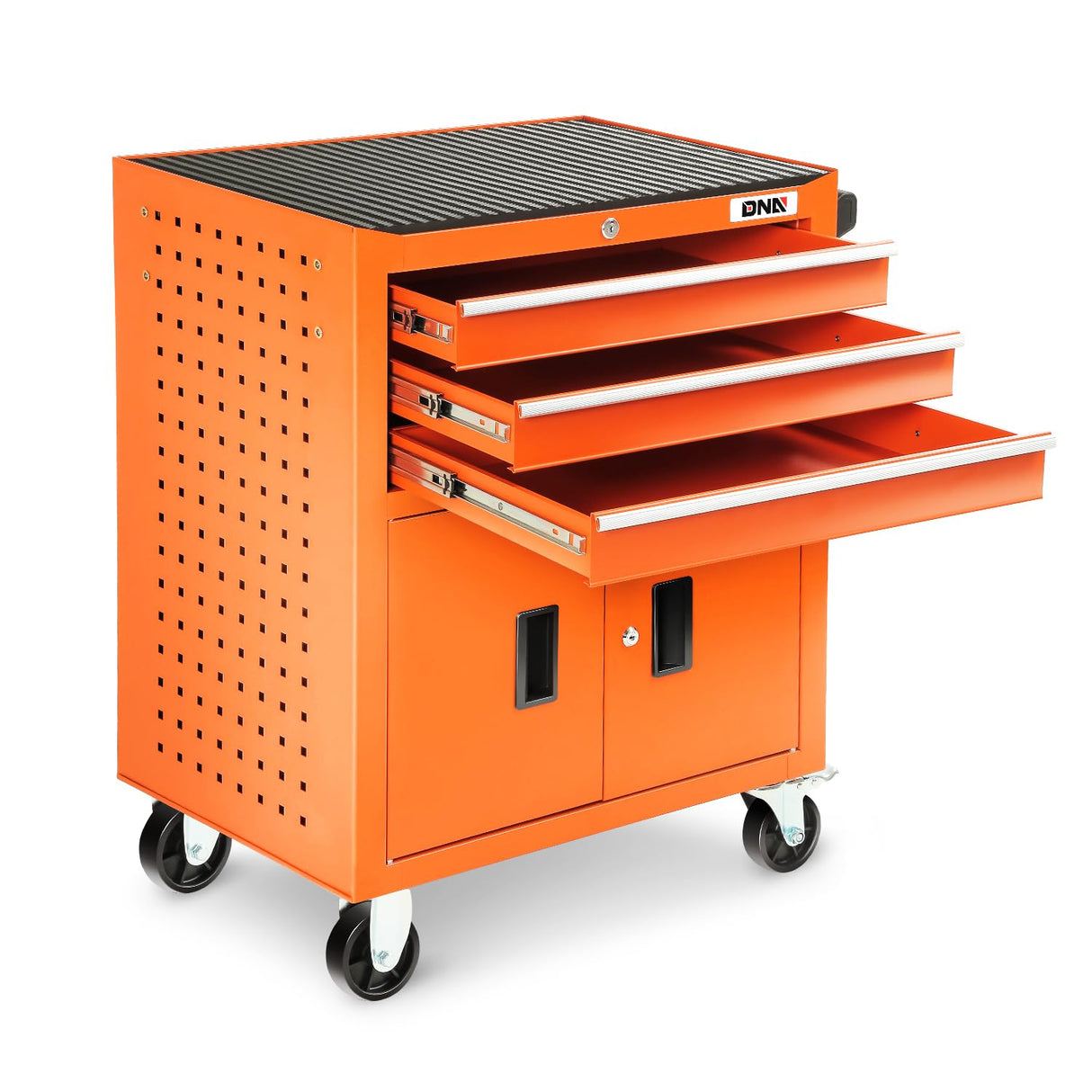 DNA MOTORING 3-Drawers Rubber Top Utility Rolling Tool Chest Cabinet with Wheels, Heavy Duty Industrial Service Cart Keyed Locking System, for Garage Warehouse Workshop, Orange, TOOLS-00405 DNA MOTORING