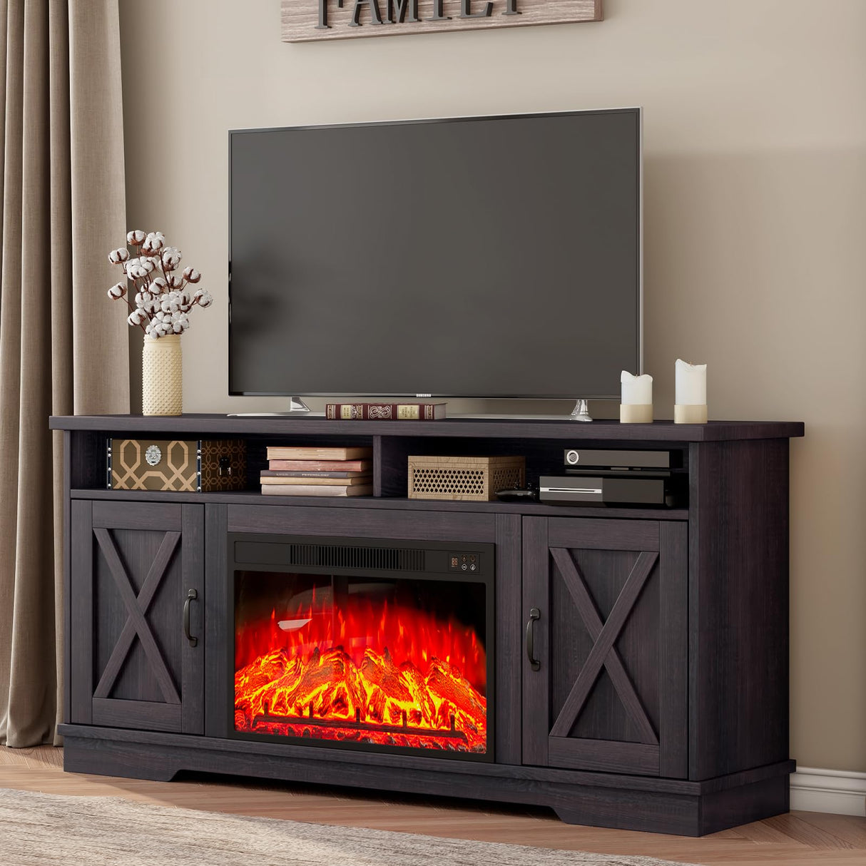 AMERLIFE 63" Farmhouse TV Stand with 26" Fireplace, for TVs up to 73", Media Entertainment Center with Adjustable Shelf & Barn Doors, Rustic TV Console Cabinet for Living Room, Dark Walnut & Wood AMERLIFE