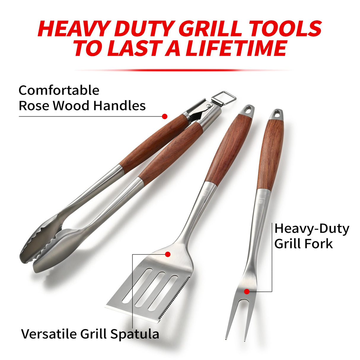 GRILAZ Heavy-Duty Rose Wooden BBQ Grilling Tools Set. Extra Thick Stainless Steel Multi-Function Spatula, Fork & Tongs | Essential Accessories for Barbecue & Grill. Ideal Gift for Fatherโฆ GRILAZ