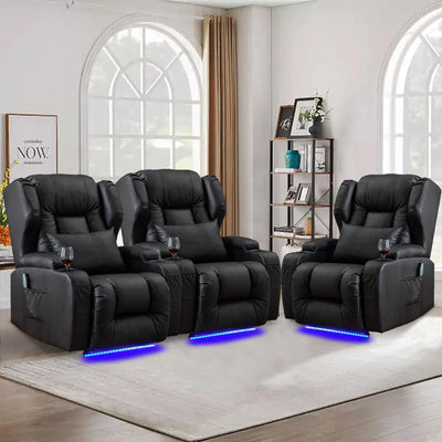 Oprisen Power Recliner Chair Set of 3 Overstuffed Home Theater Seating w/Heat Massage Electric Movie Gaming Sofa Reclining Sleeper Chair with LED Light/Lumbar Pillow/USB Port/Cup Holders