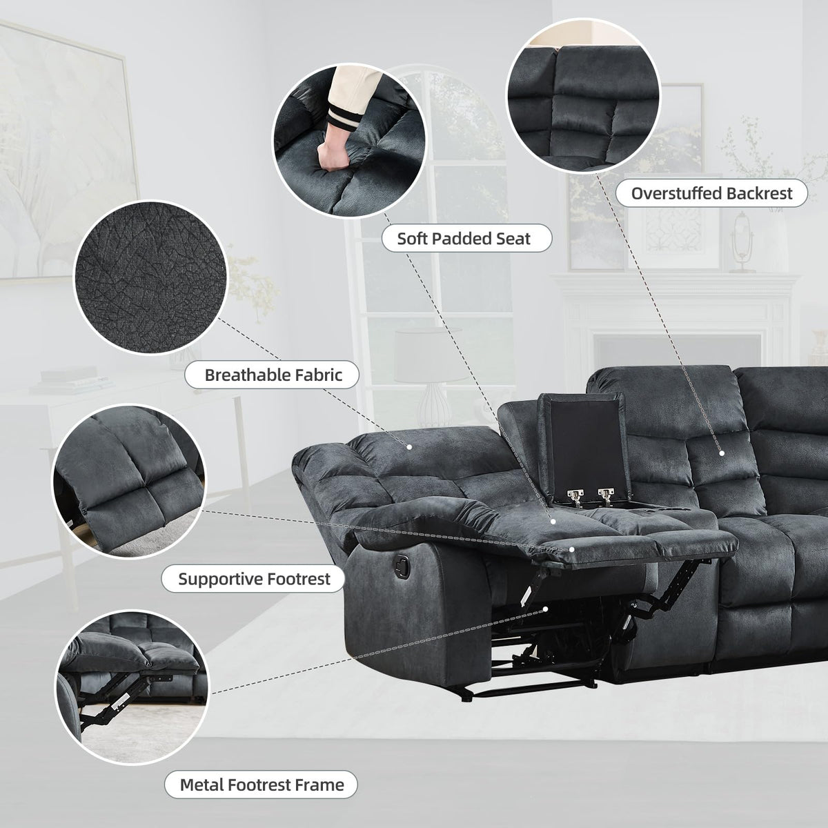 EBELLO Manual Reclining Sectional Sofa Set for Living Room, Soft Fabric Recliner Corner Sectional Couch with Center Console, Cup Holder and Storage, Grey EBELLO