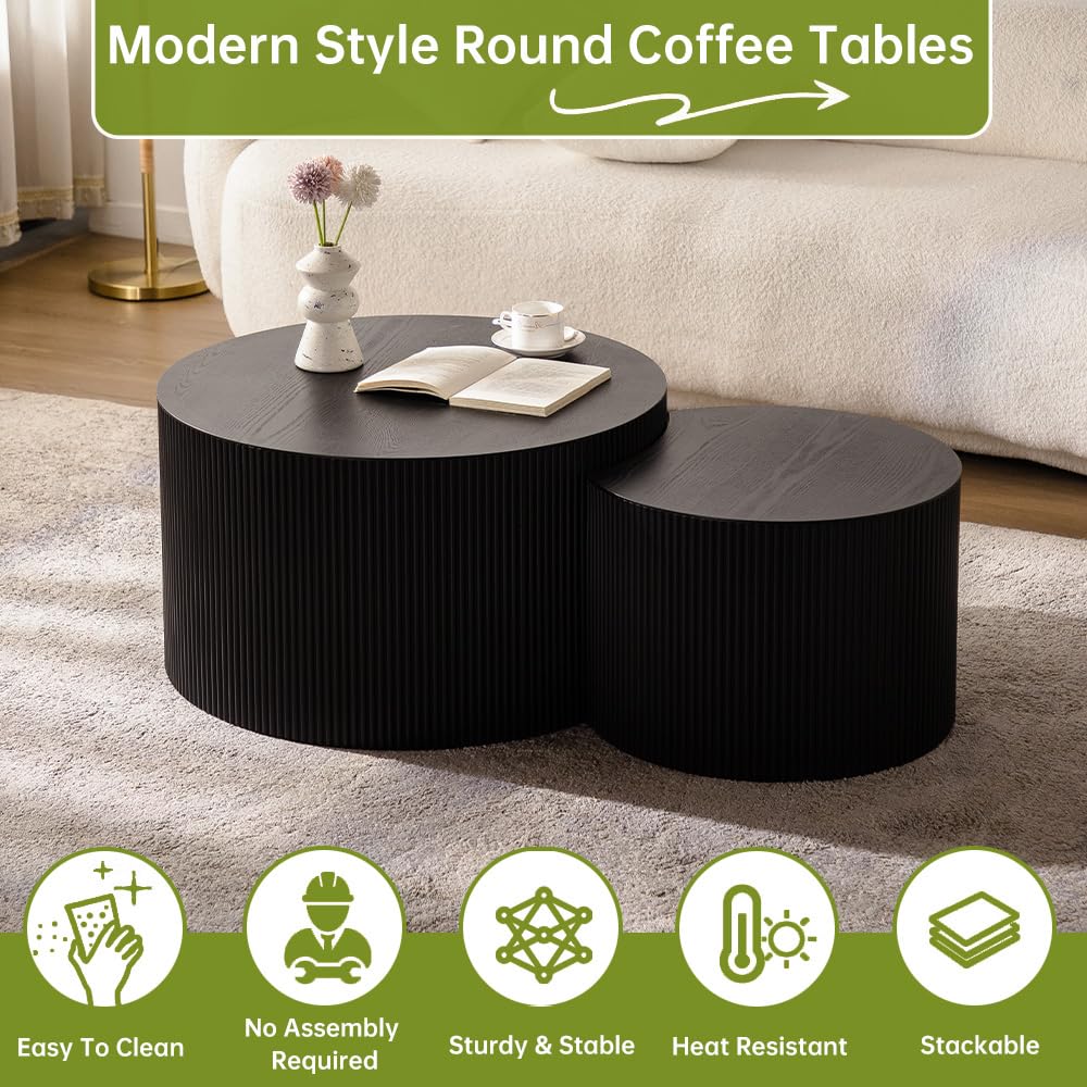 Round Nesting Coffee Table Modern Black Fluted Coffee Table Set of 2 Stripe Round Coffee Tables Drum Crescent Side Table Accent End Table for Living Room (Black B Large) WUPDPQS