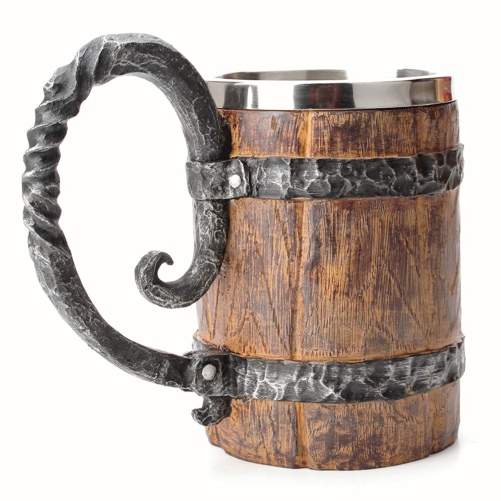 OTARTU Vintage Faux Oak Wood Barrel Beer Mug, Medieval Retro Viking Stainless Steel Coffee Cup Stein Tankard,17oz/500ML Cup Mug,Unique Gift OTARTU