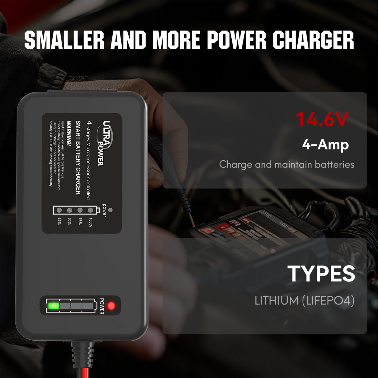 ULTRAPOWER 4-Amp 14.6 Volt LiFePO4 Battery Charger,12.8 Volt LiPO Lithium Battery Charger,Smart Battery Charger Maintainer for Cars,Motocycles,Golf Carts,UAV,Fishing Boat and Deep Cycle Batteries. ULTRA POWER