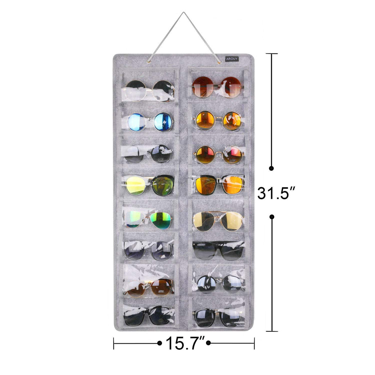 AROUY Sunglasses Organizer Storage, Hanging Dust Proof Wall Pocket Glasses Organizer - 16 Felt Slots Sunglass Organizer Holder with Metal Hook and Sturdy Rope (Gray, Dust Proof) AROUY