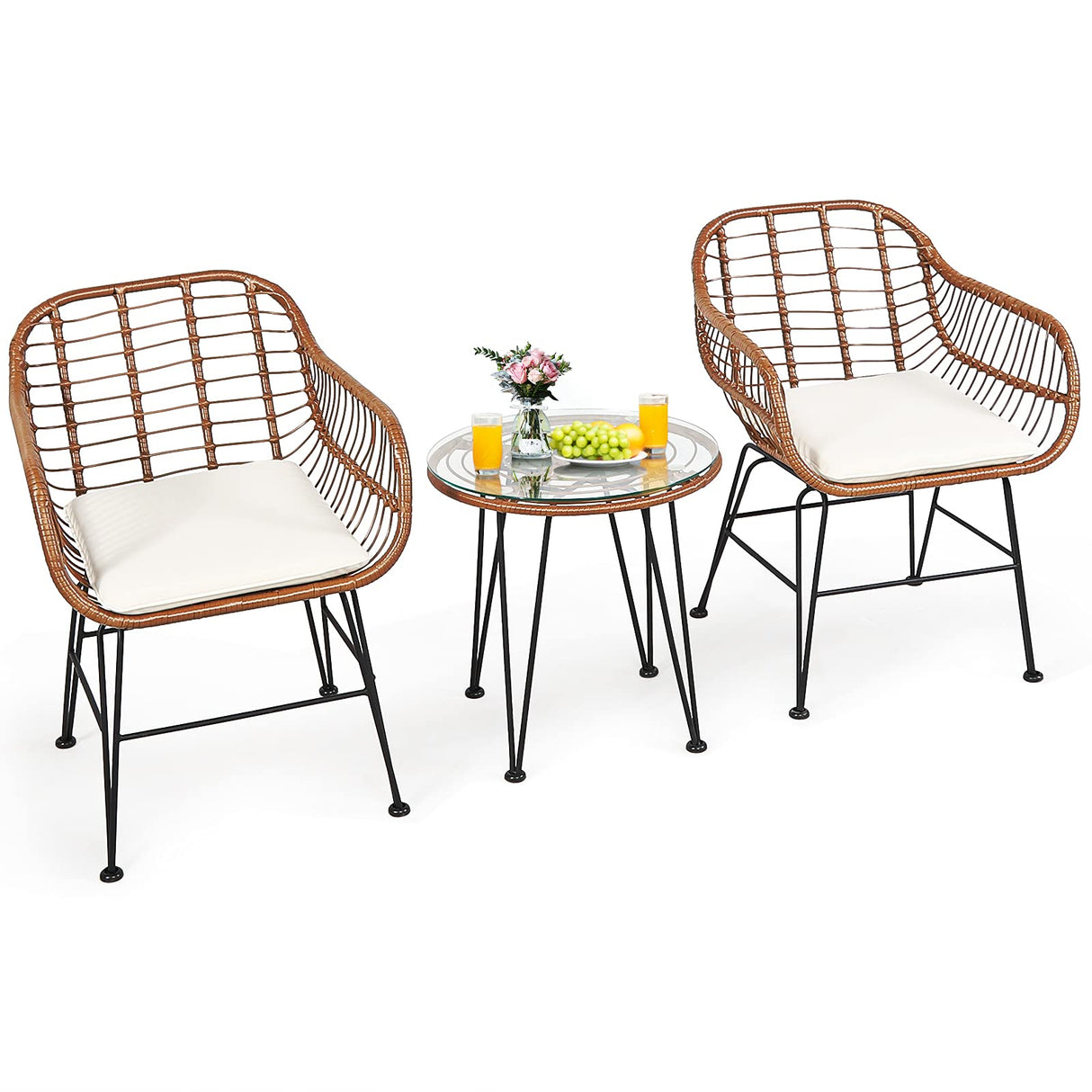 Tangkula 3 Pieces Patio Conversation Bistro Set, Outdoor Wicker Furniture w/Round Tempered Glass Top Table & 2 Rattan Armchairs, Bistro Chat Set w/Seat Cushions for Porch, Backyard, Garden Tangkula