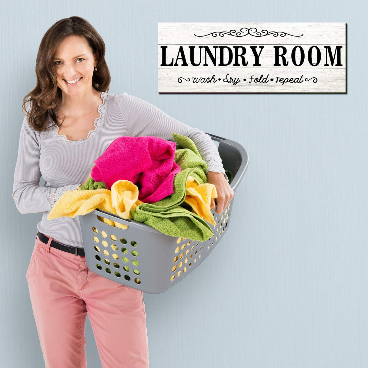 Jetec Laundry Room Decor Sign Wooden Rustic Farmhouse Family Laundry Room Wall Sign Wash Dry Fold Repeat Wall Decor Prints for Home, 16 x 6 Inches(White) Jetec