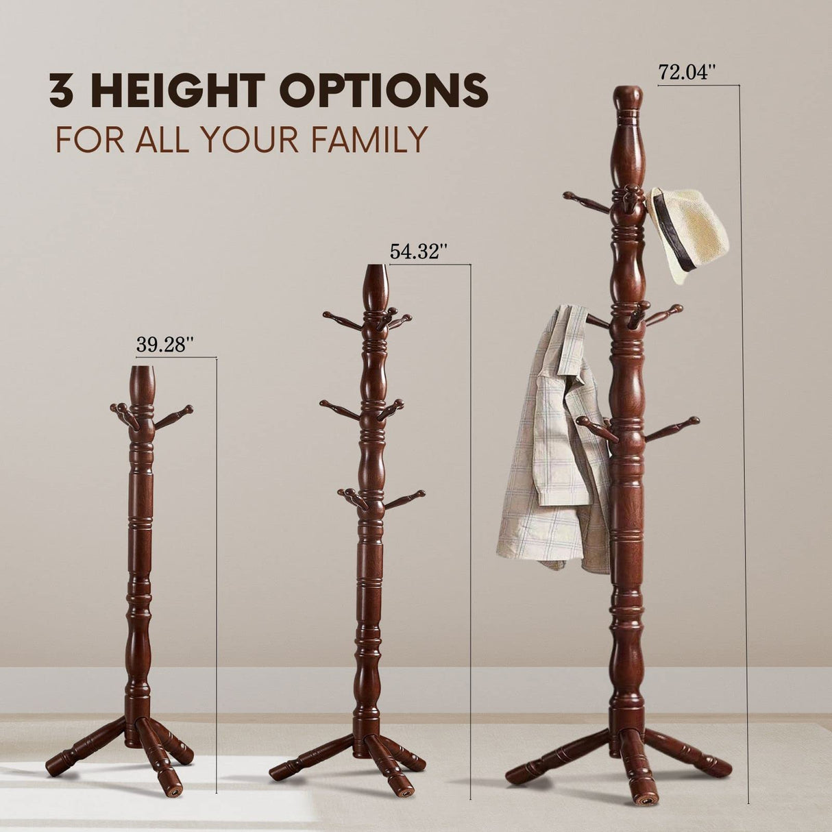 SUOHUI Coat Rack, Natural Wood Coat Racks with 3 Height Options and 9 Hooks,Coat Tree Ease of Assembly,Freestanding Hall Tree for Home/Office/Entryway/Hallway (Walnut) SUOHUI