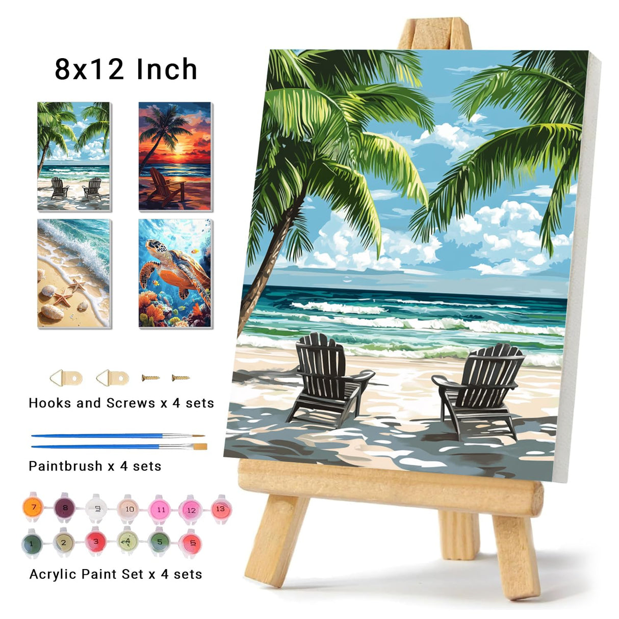 4 Pack Framed Paint by Numbers Kit for Adults Beginner Canvas Painting by Numbers for Adults Beach Easy Adult Paint by Number Kits with Frame Sea Turtle Watercolor Painting by Number 8x12 Inch obterie