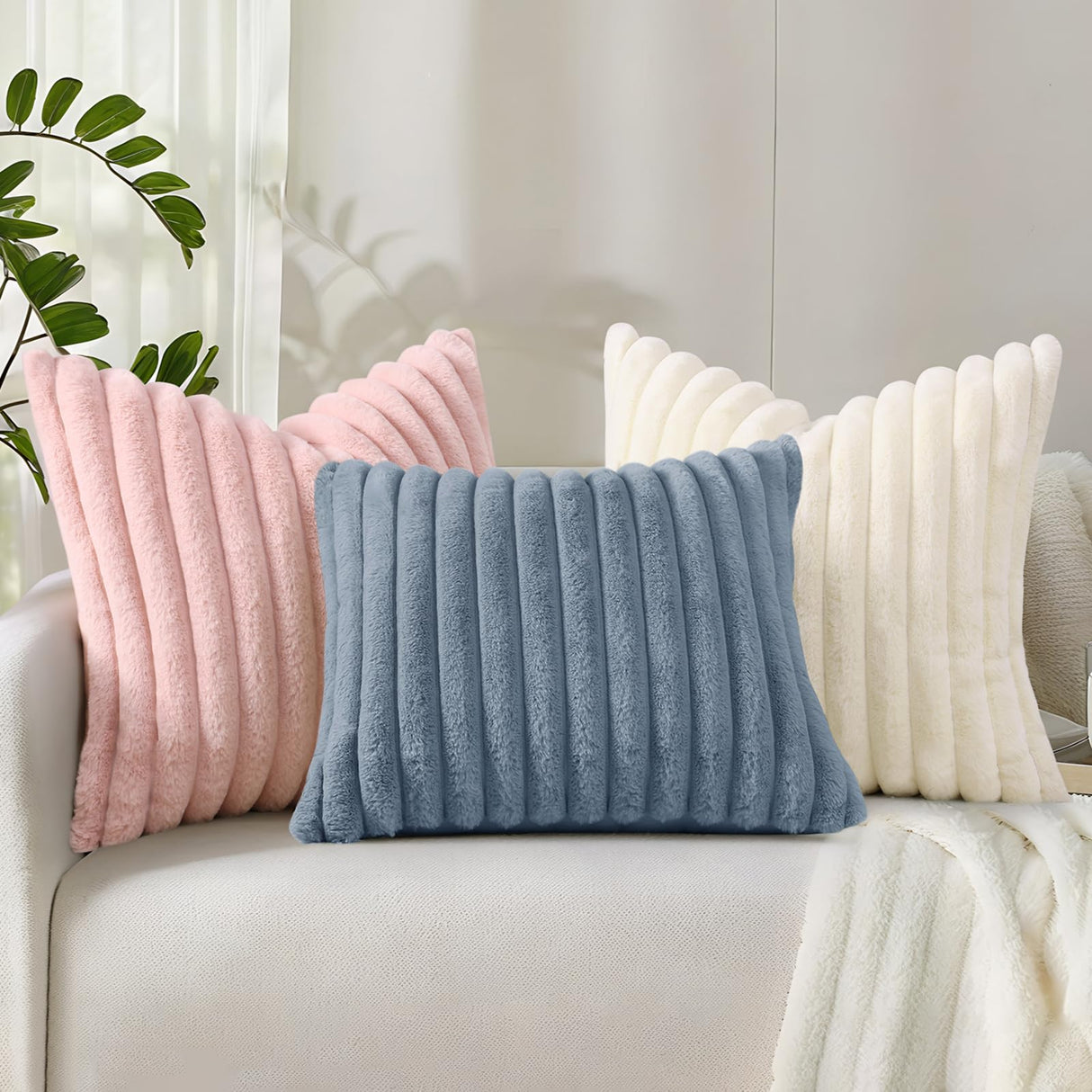 decorUhome Faux Fur Christmas Throw Pillow Covers 18x18 Set of 2, Decorative Soft Plush Striped Neutral Couch Euro Pillow Covers with Velvet Back for Sofa, Bed, Living Room Home Decor, Cream White decorUhome