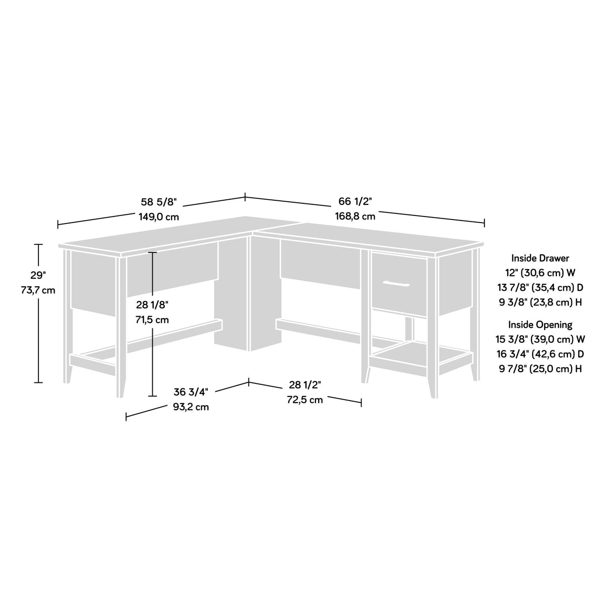 Sauder Summit Station L-Desk, L: 58.66" x W: 66.46" x H: 29.02", Laurel Oak finish Sauder