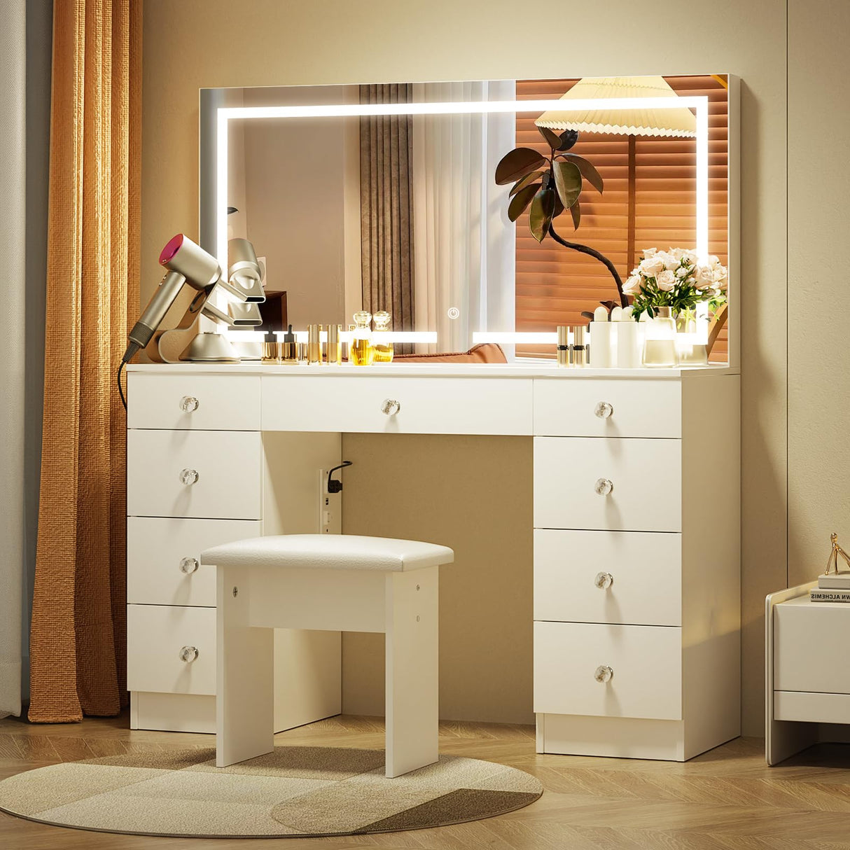 VOWNER Vanity with Lighted Mirror - 47" Glass Top Makeup Vanity Desk with 9 Drawers and Power Outlet, 3 Color Lighting Modes Adjustable Brightness, Makeup Desk with Cushioned Stool for Bedroom, White VOWNER