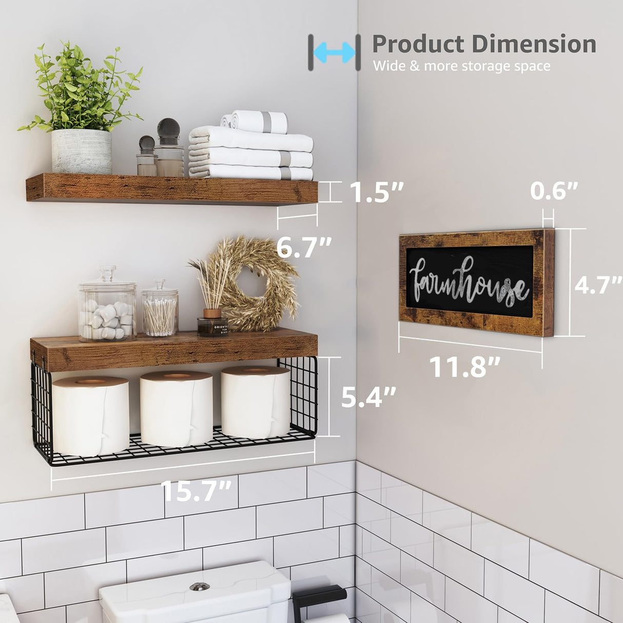 QEEIG Bathroom Shelves Over Toilet - Paper Storage Wall Mounted Farmhouse Decor Decorations Aesthetic Décor Sign Small Floating Wall Shelf 2+1 Set 16 inch Farmhouse, Rustic Brown (020BN-FH) QEEIG