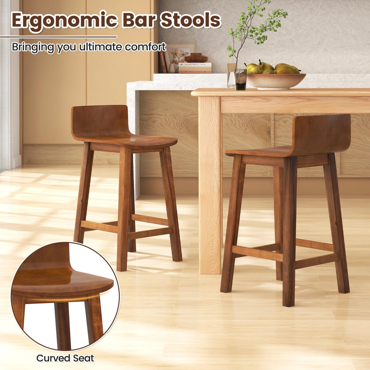 COSTWAY Solid Wood Bar Stools Set of 2, 24.5-inch Counter Height Chairs with Low Back and Footrest, Farmhouse Wooden Armless barstools for Kitchen Island, Dining Room, Cafe, Breakfast, Brown COSTWAY