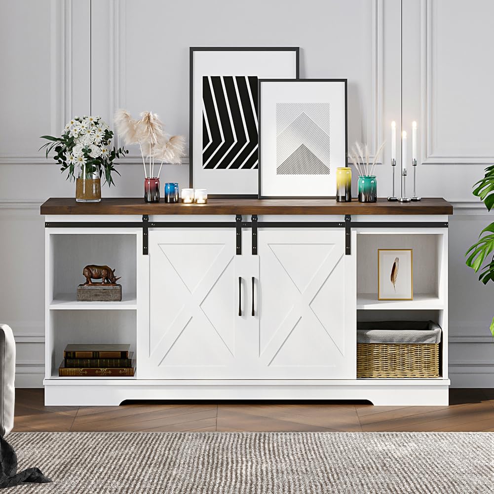 IDEALHOUSE Farmhouse TV Stand, Entertainment Center for 65 Inch TV Media Console Table, White Barn Door TV Stand with Storage and Shelves, Modern TV Console Cabinet Furniture for Living Room IDEALHOUSE