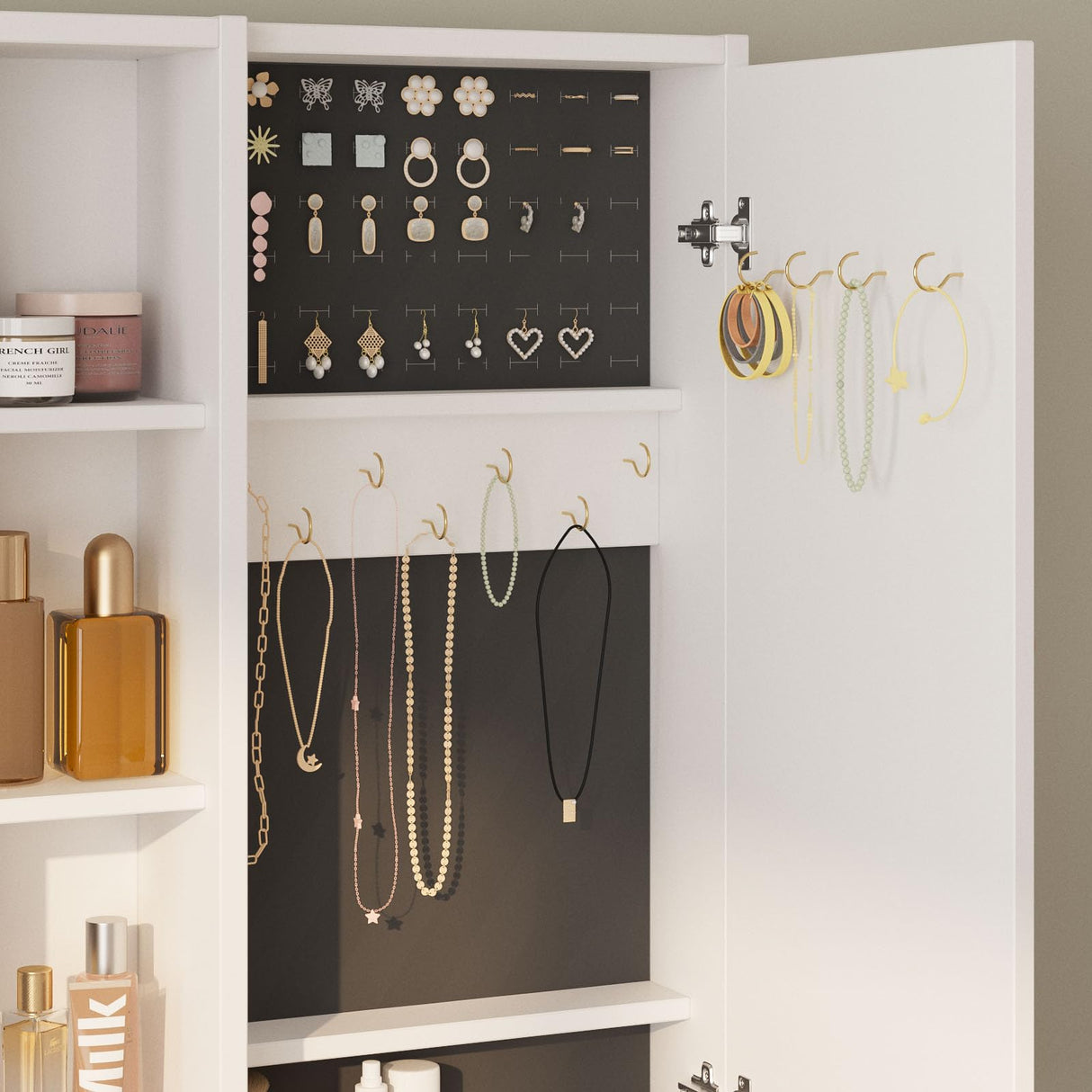 Vanity Desk with Mirror, Lights and Charging Station, 3-Drawer Glass Top Vanity Table with Jewelry Cabinet, 42.8 inch Halitaa