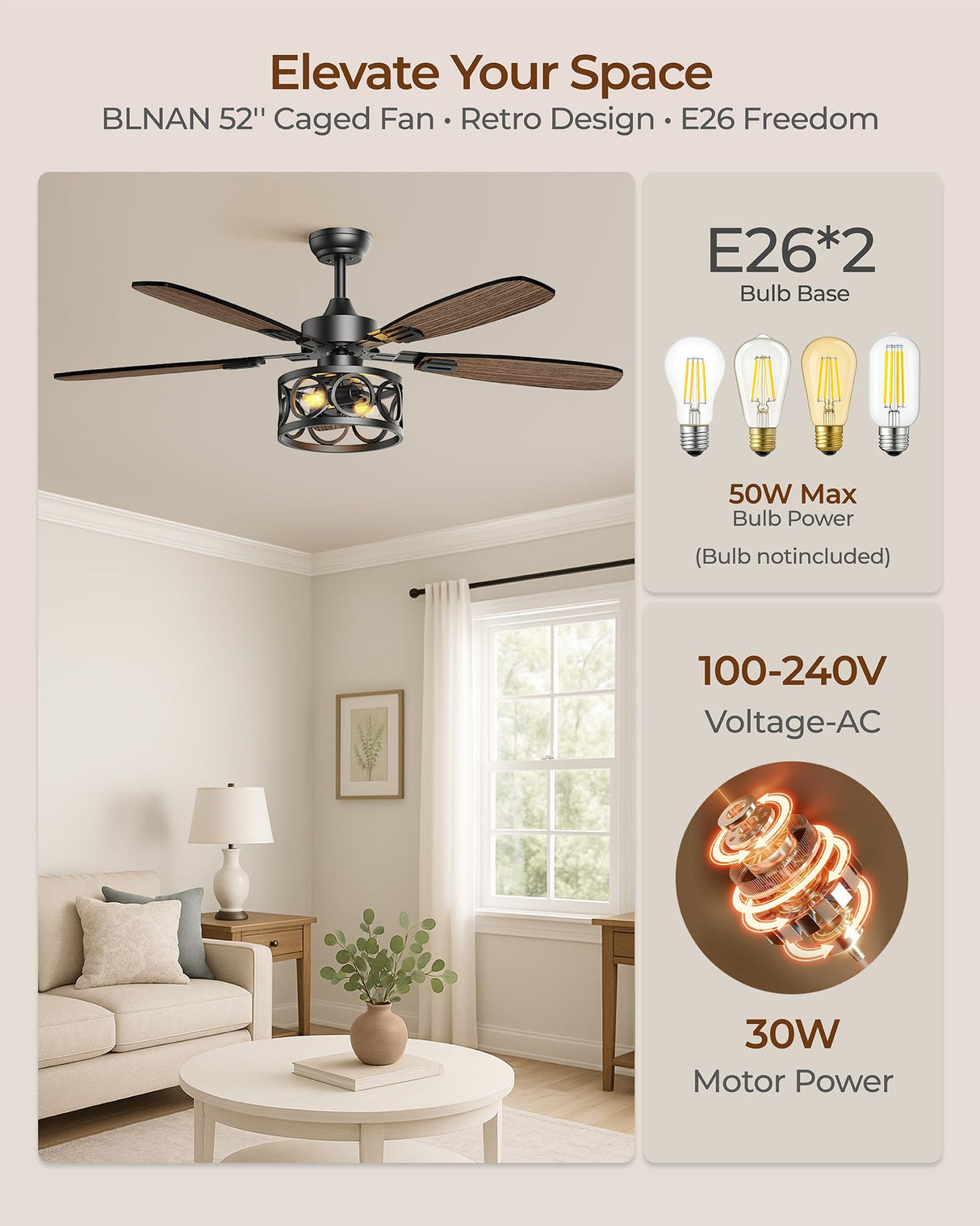 Ceiling Fans with Lights and Remote, 52'' Vintage Caged Ceiling Fan with Light, 5 Blades, 6+1 Speed, Flush Mount Ceiling Fan Whisper-quiet for Farmhouse, Living Room, Kitchen and Porch (52 Inch) BLNAN