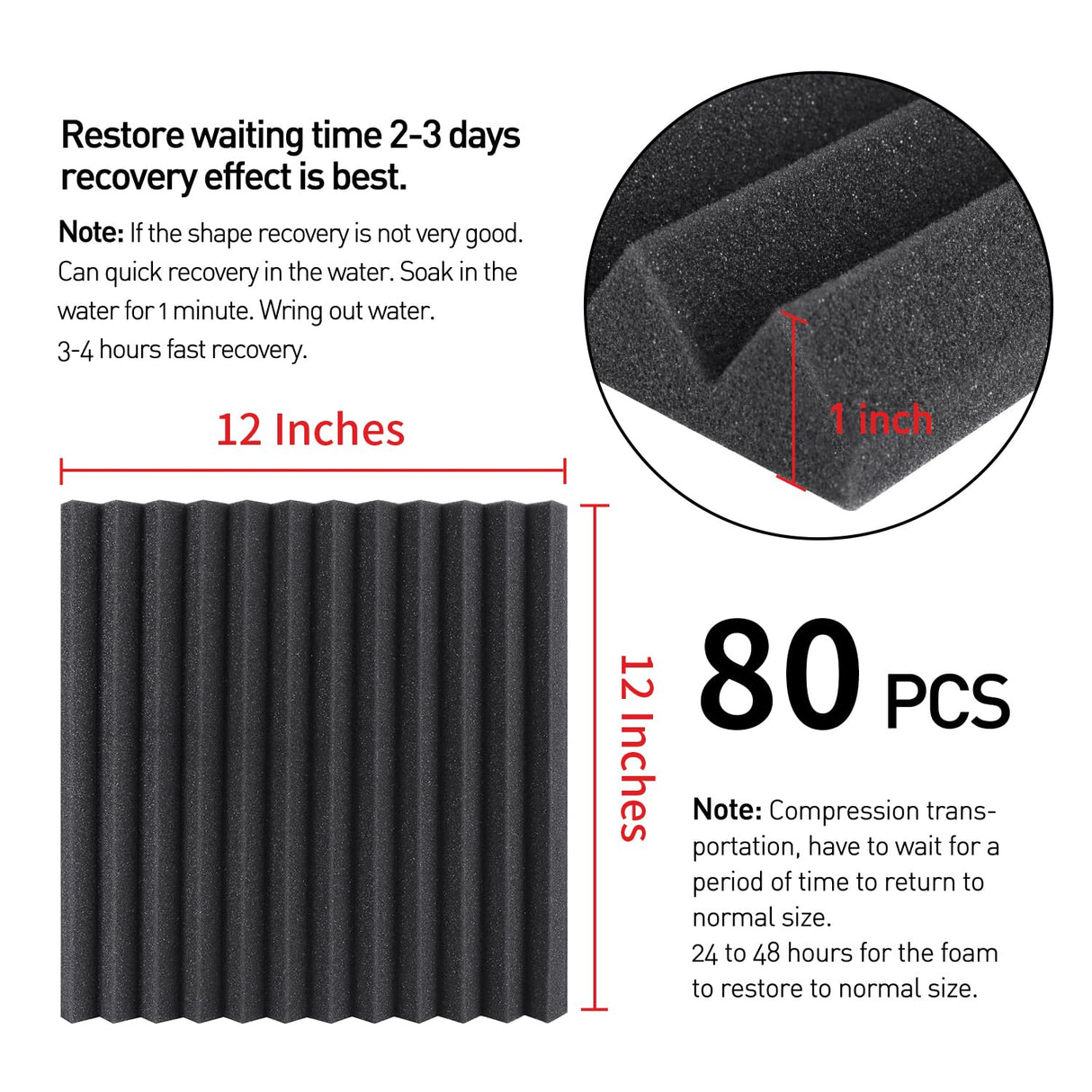 Focusound 80 Pack Acoustic Foam Panels 1" x 12" x 12" Sound Proof Foam Panles Soundproofing Noise Cancelling Wedge Panels for Home Office Recoding Studio with 420PCS Double-Side Adhesive Focusound