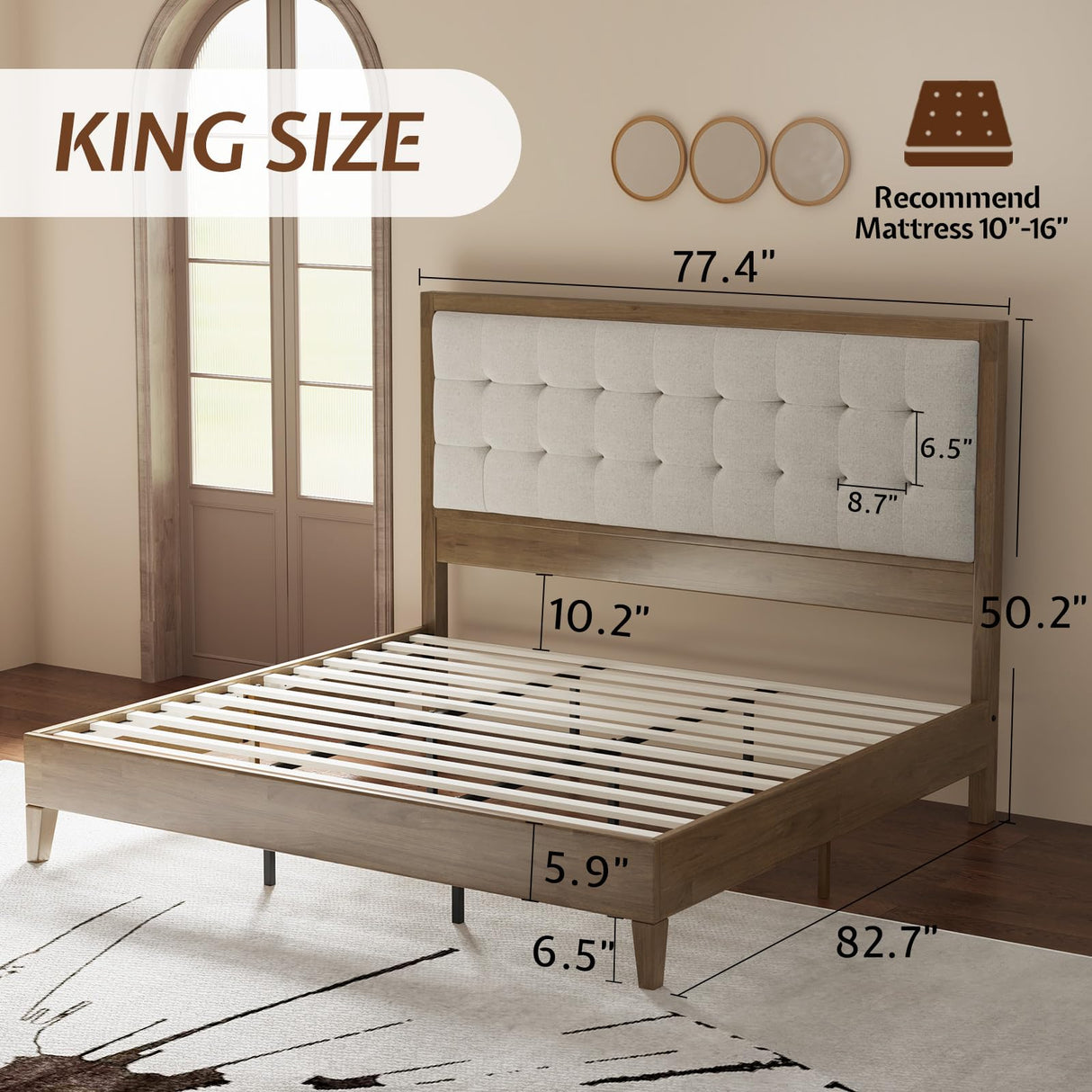 Jocisland Wood King Size Bed Frame,Tall Upholstered Tufted Headboard, Solid Wood Platform, No Box Spring Needed, Ash Gray Jocisland