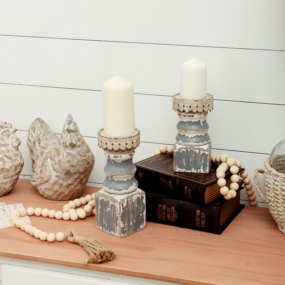 NIKKY HOME Farmhouse Pillar Candle Holder Set of 2 - Rustic Wood Decorative Candlesticks Pedestal, Centerpieces Decor for Fireplace Mantle Coffee Bar Dining Table, Distressed Grey NIKKY HOME