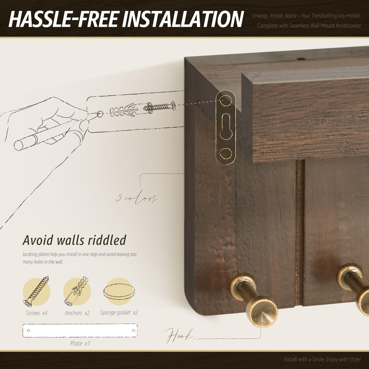 Rebee Vision Farmhouse Key Holder Wall Mount - Decorative Key and Mail Holder for Wall with 7 Hooks and Shelf Organizer - Ideal Apartment Essentials for Aesthetic Home Decor (Rustic Brown) Rebee Vision