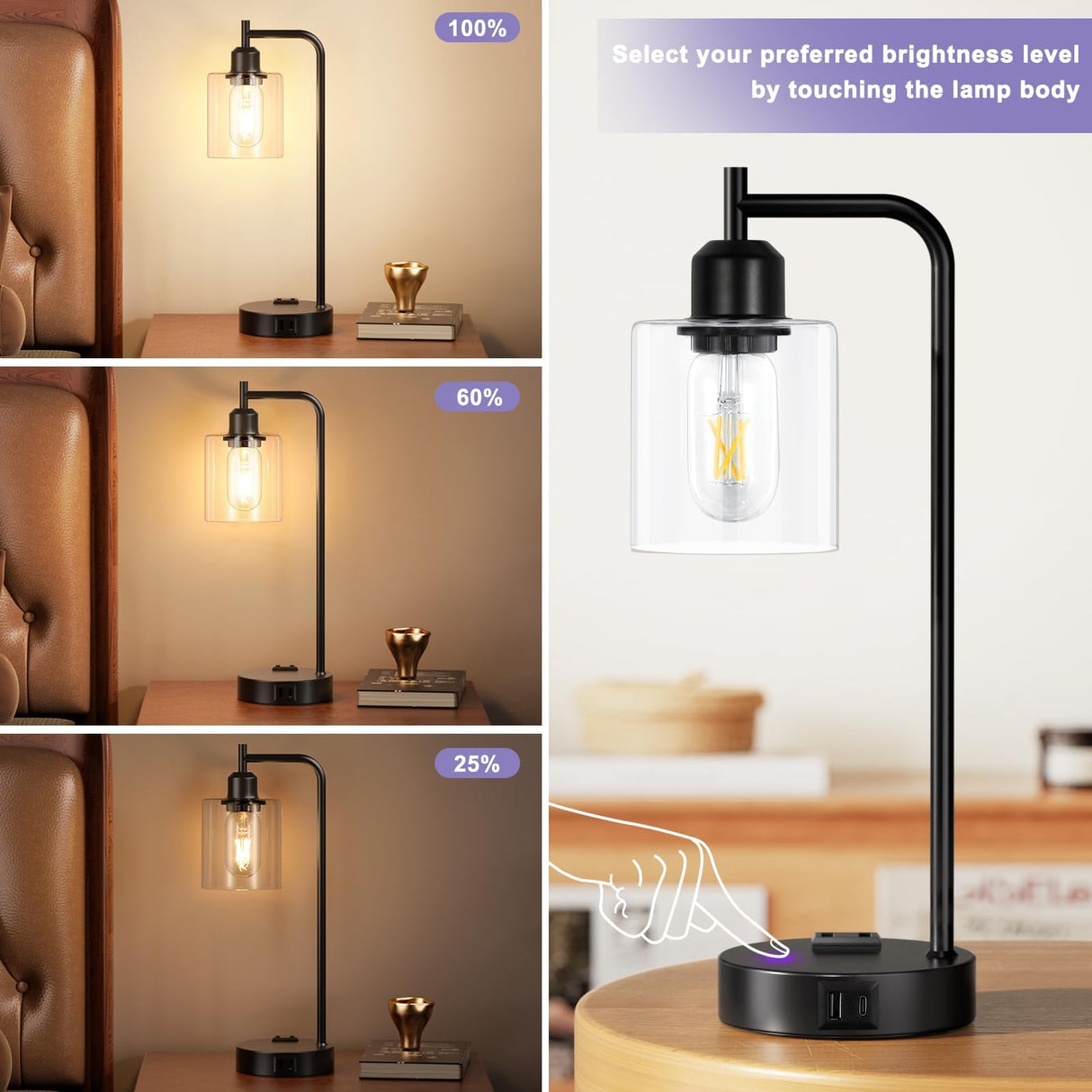 Industrial Touch Table Lamps for Bedrooms Set of 2 - 3-Way Dimmable Nightstand Lamps with USB C+A Ports and Outlet, Black Bedside Lamps with Glass Shade for Living Room, Desk Lamps for Home Office Innqoo