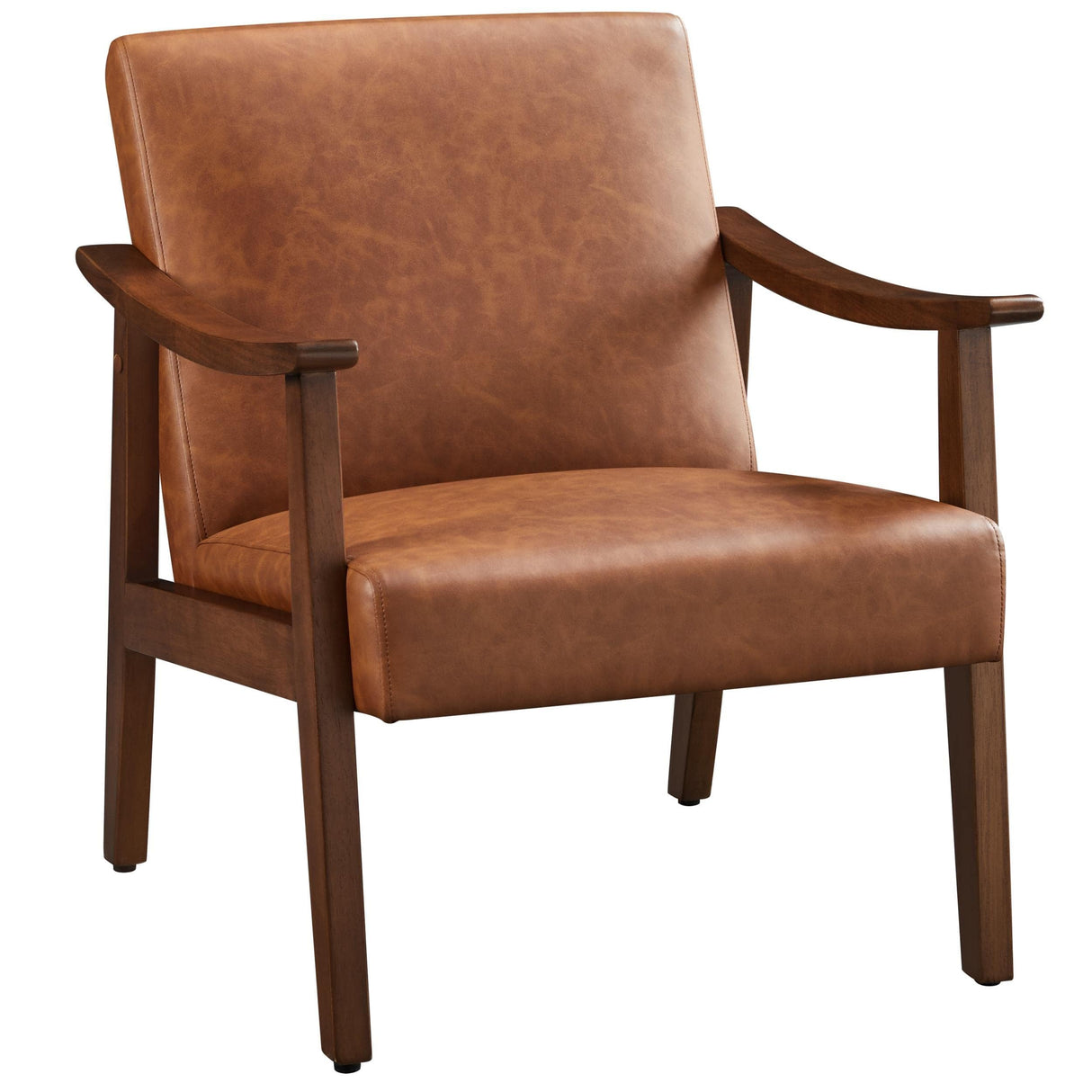 Yaheetech PU Leather Accent Chair, Mid-Century Modern Armchair with Solid Wood Legs, Reading Leisure Chair with High Back for Living Room Bedroom Waiting Room, Brown Yaheetech