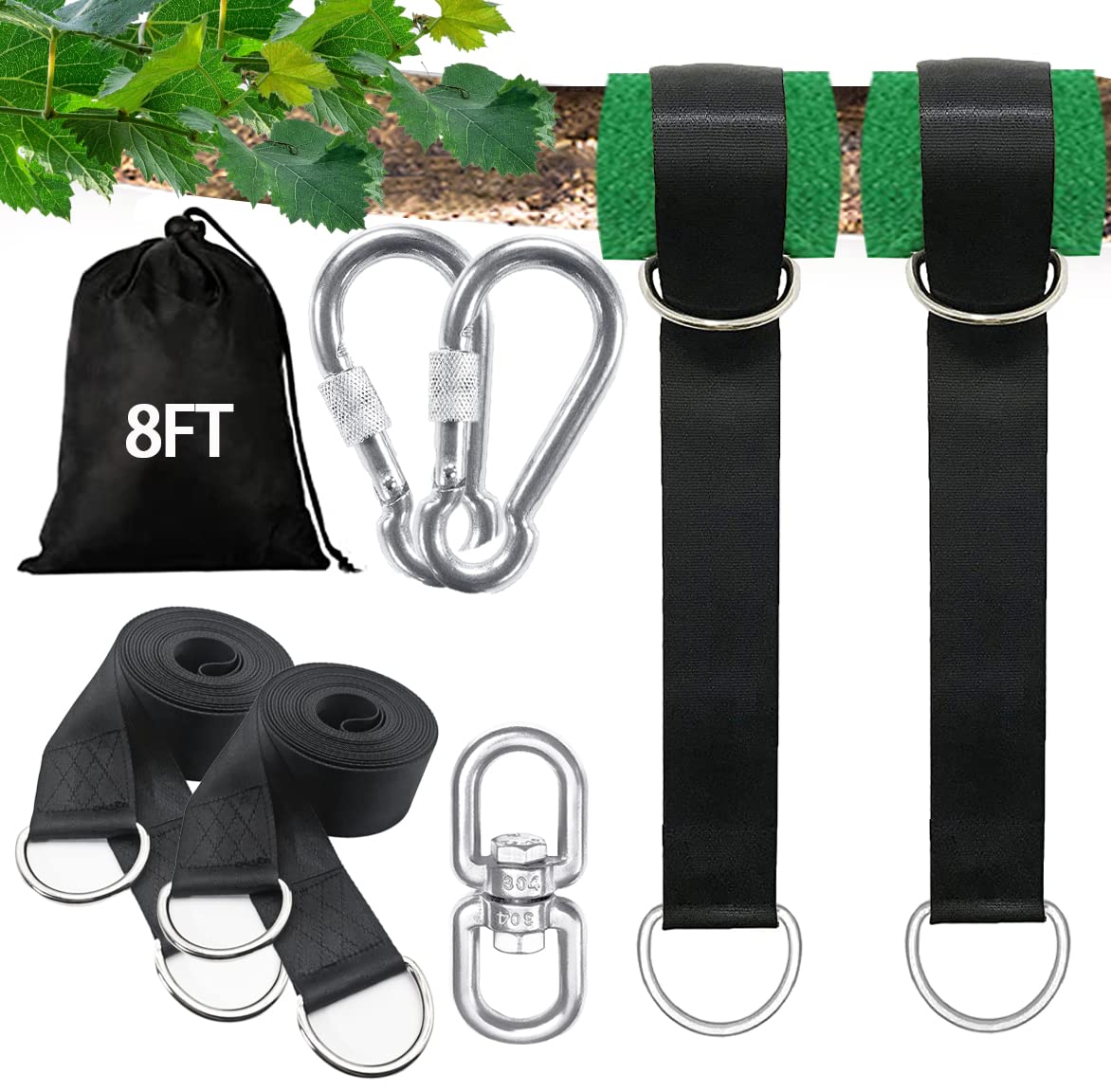 igolfluck Tree Swing Straps Hanging Kit 4FT/8FT/15FT/20FT/25FT, Extra Long Tree Swing Straps Holds 5500 lbs with Lock Carabiners & Tree Protectors, Safer for All Swing & Hammock (8FT) igolfluck