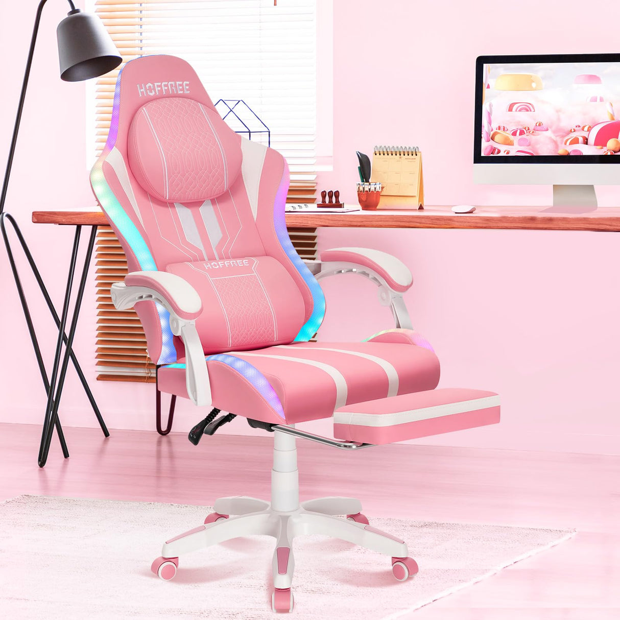 HOFFREE Pink Gaming Chair with Speakers and Massage Led Gaming Chair with Footrest Big and Tall Video Game Chair Reclining High Back Computer Desk Chair for Girls Pink and White HOFFREE