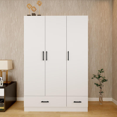 TemkTuek 3-Door Armoire Wardrobe Closet, White Wood Wardrobe Cabinet with Hanging Rod, Triple Doors, and Drawers, Bedroom Armoire Wardrobe Closet, Closet Organizers and Storage, 48"x71"x19"