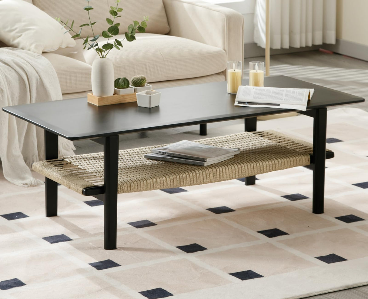 Chairus Farmhouse Rectangular Coffee Table with Rattan Storage - Solid Wood Centre Table for Home and Office chairus