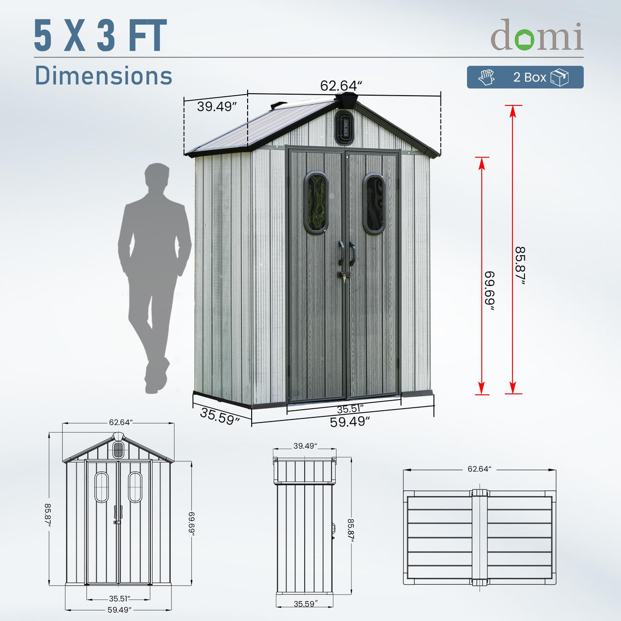 Domi 5x3 FT Outdoor Resin Storage Shed, All-Weather Double-Wall Storage Building for Backyard, Garden, Lawn Tools, Mower, Bike & Pool Equipment, Lockable Doors, Ventilated Roof, Grey domi outdoor living