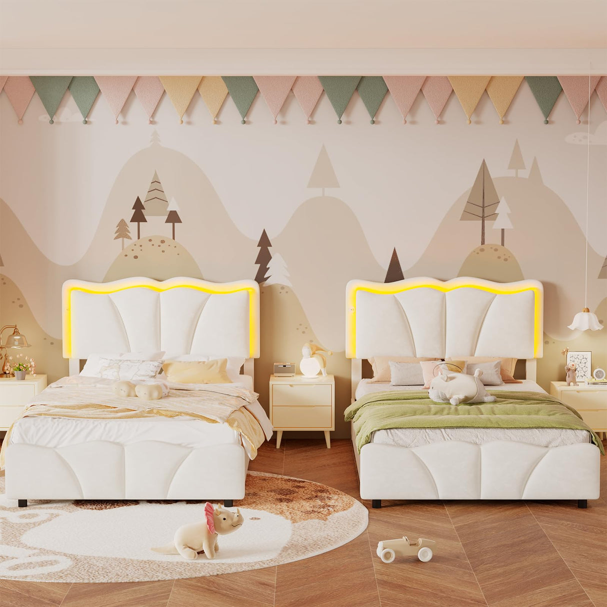 AOGLLATI Twin Bed Frame with 4 Storage Drawers & Charging Station,Upholstered Led Flower Twin Bed with Adjustable Headboard and Strong Wood Slat Support,No Spring Box Needed, Beige AOGLLATI