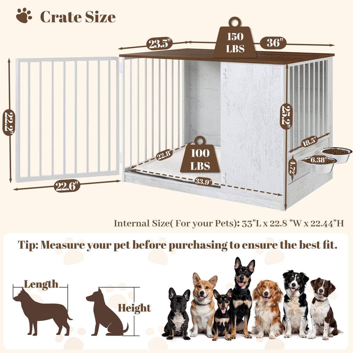 TBWIND Dog Crate Furniture for Large Dogs, 36" Indoor Wooden Dog Kennel with 270° Swivel Door & 360° Rotating Feeder, Decorative Heavy Duty Dog House with Double Locks & Bowls, White TBWIND