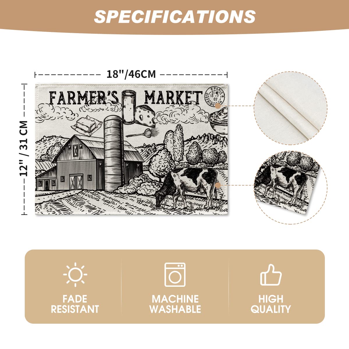 Artoid Mode Tractor Milk Farm Placemats Set of 4, 12x18 Inch Seasonal Autumn Cow House Fall Table Mats for Party Kitchen Dining Decoration Beige Artoid Mode