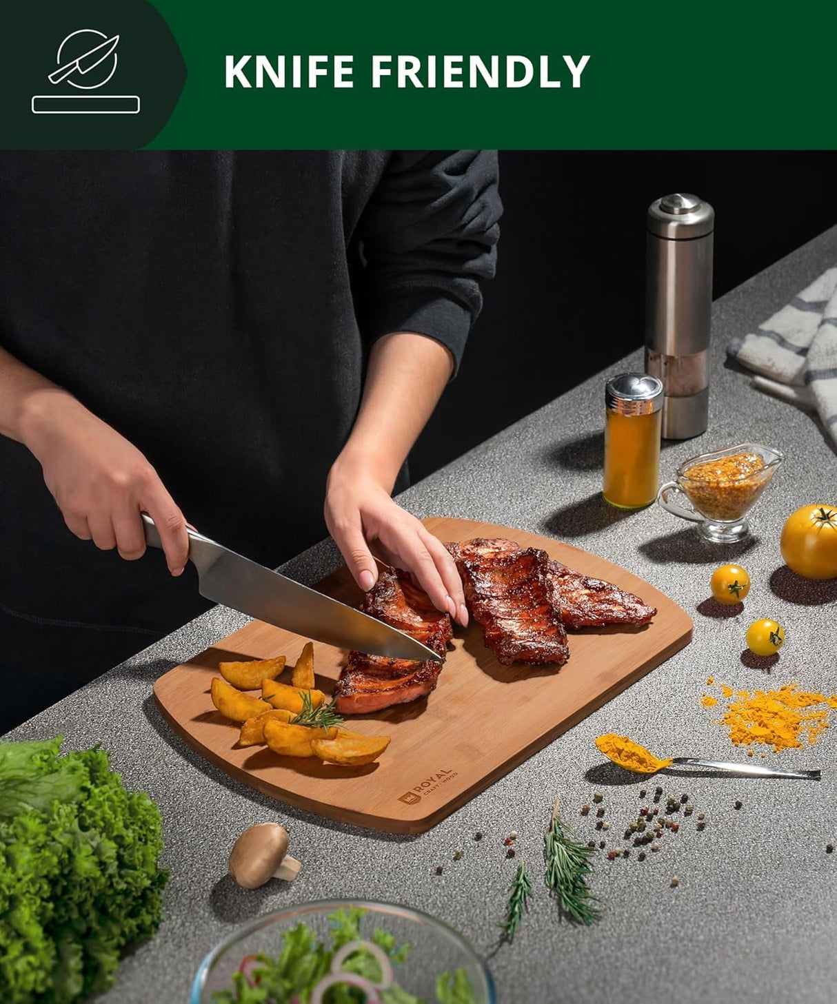 Wooden Cutting Boards for Kitchen Meal Prep & Serving - Bamboo Wood Cutting Board Set - Charcuterie & Chopping Butcher Block for Meat - Kitchen Gadgets Gift ROYAL CRAFT WOOD