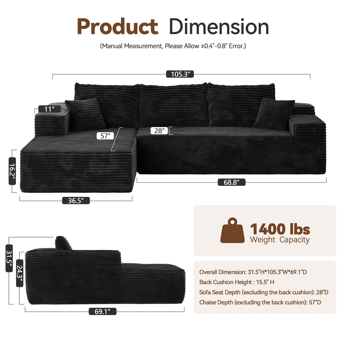 CAODOC 104" Cloud Sectional Couch with Comfy Chaise, Boneless L Shape Sofa with Deep Seat, Minimalist Modular Couches Sleeper for Living Room Bedroom Apartment Lounge,Black CAODOC