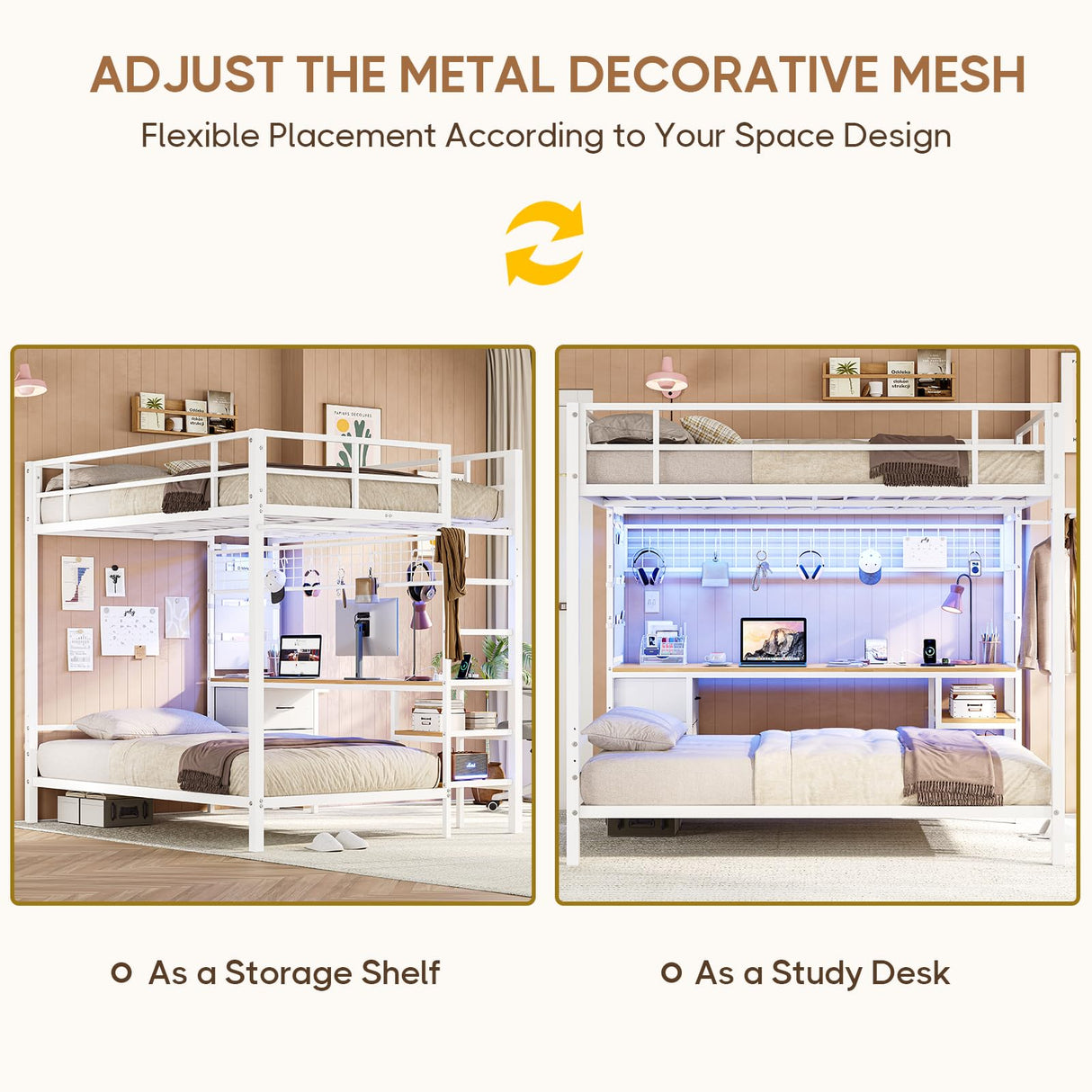 DICTAC Full Over Twin Bunk Bed with Desk and Led Lights Metal Loft Bed Frame with Charging Station,Storage Shelves and Drawers for Teen & Adults,Safety Guard & Ladder,No Box Spring Needed,White DICTAC