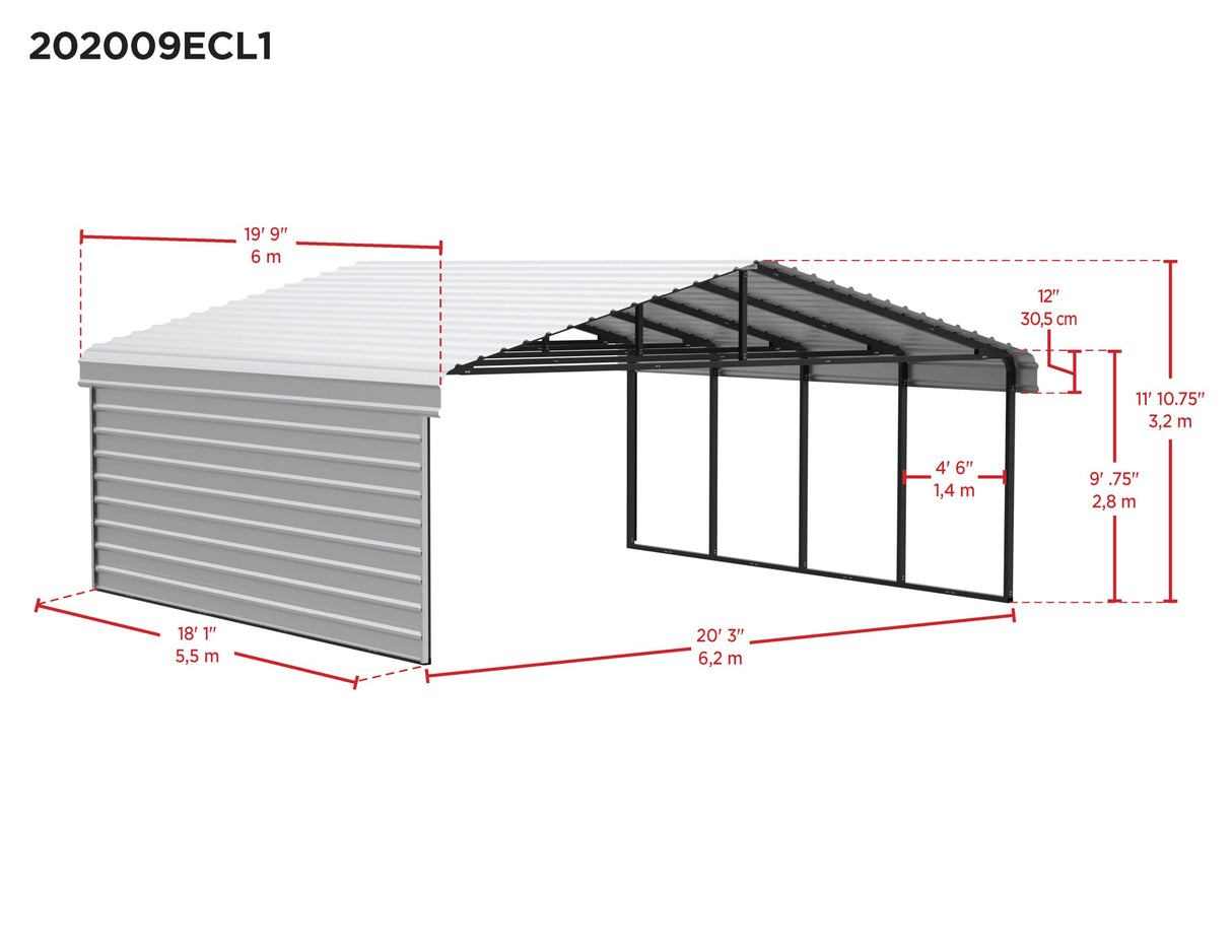 Arrow Carports Galvanized Steel Carport, with 1-Sided Enclosure, Compact Car Metal Carport Kit, 20' x 20' x 9', Charcoal Arrow Shed