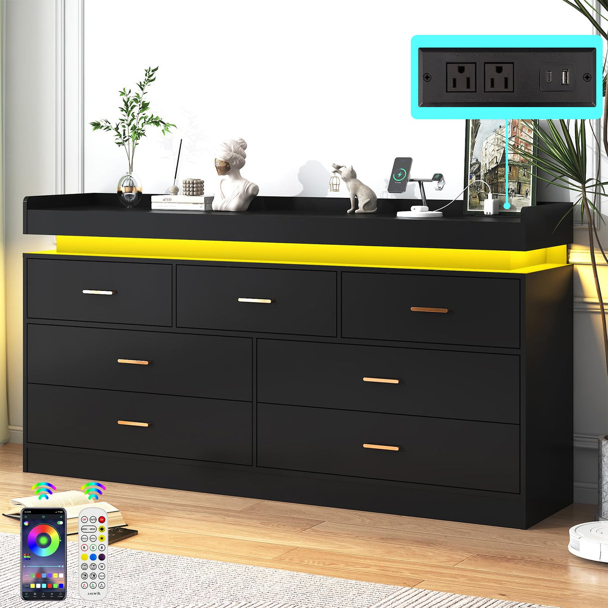 jiteentarou 7 Drawer Dresser with Charging Station and LED Lights, Modern Chest of Drawers with Power Outlet, Organizer Cabinet for Bedroom, Living Room, Entryway, Black jiteentarou