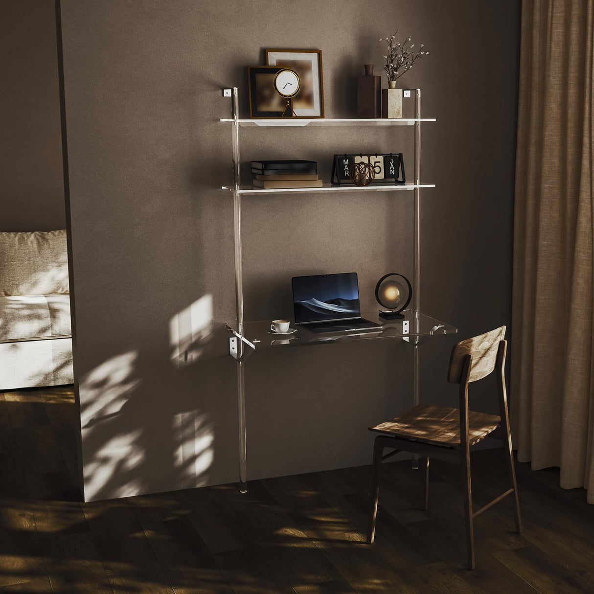 HMYHUM Acrylic Wall Mount Desk, Clear Ladder Desk with Open Shelves, Floating Desk for Laptop, Computer, Study, Writing, Vanity Table, Modern, 36" L x 19.7" W x 69.99" H HMYHUM