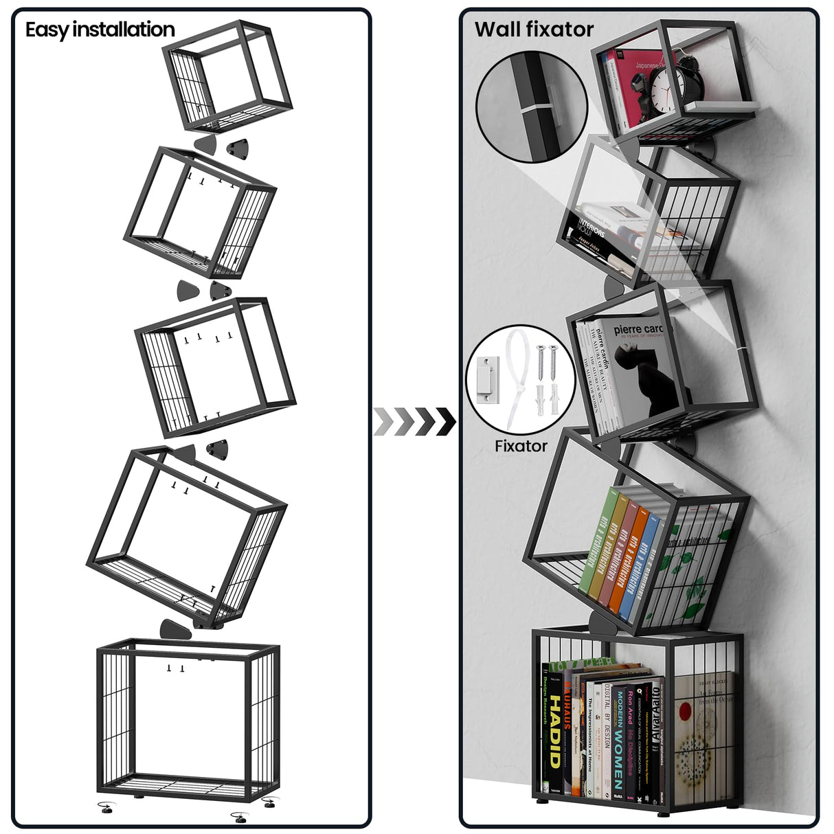sugitek 5-Tier Skinny Bookshelf with Unique Geometric Design - Modern Metal Bookcase, Space-Saving Narrow Organizer for Living Room, Bedroom, Office, Corner - Black sugitek