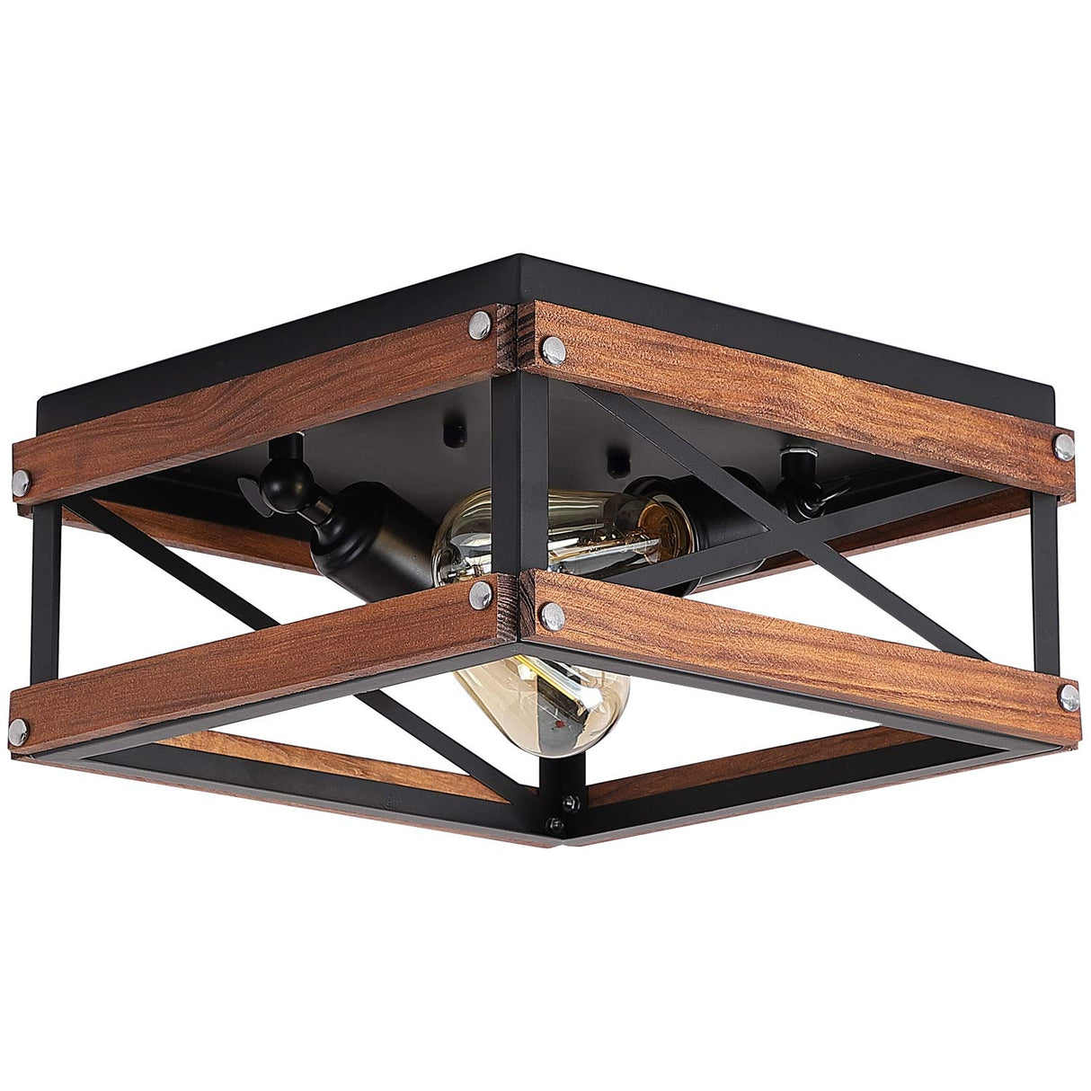 Rustic Farmhouse Flush Mount Light Fixture Two-Light Metal and Wood Square Flush Mount Ceiling Light for Hallway Bedroom Kitchen Entryway, Black Fivess Lighting