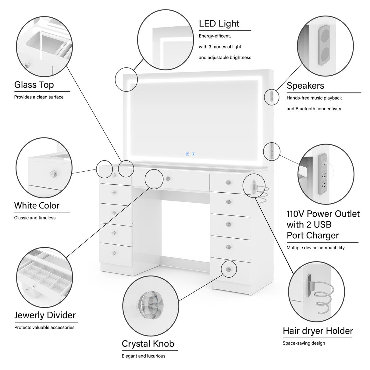 Boahaus Amelia Large Makeup Vanity Desk with Dimmable LED, 2 Bluetooth Speakers, USB Type C & Type A, 110 V Power Outlet, 11 Drawers, Crystal Knobs, Hair Dryer Holder - Premium White Boahaus