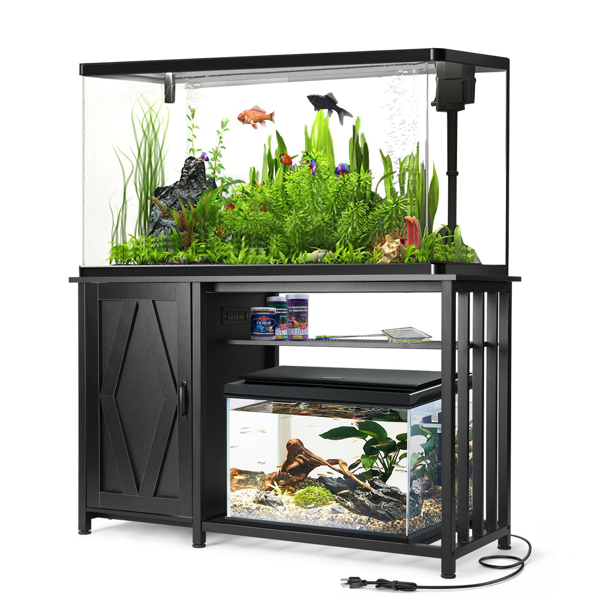 VOWNER 55-75 Gallon Fish Tank Stand, Aquarium Stand with Power Outlets, Cabinet for Fish Tank Accessories Storage, Heavy Duty Metal Frame, Suitable for Fish Tank, Turtle Tank, 1200LBS Capacity, Black VOWNER