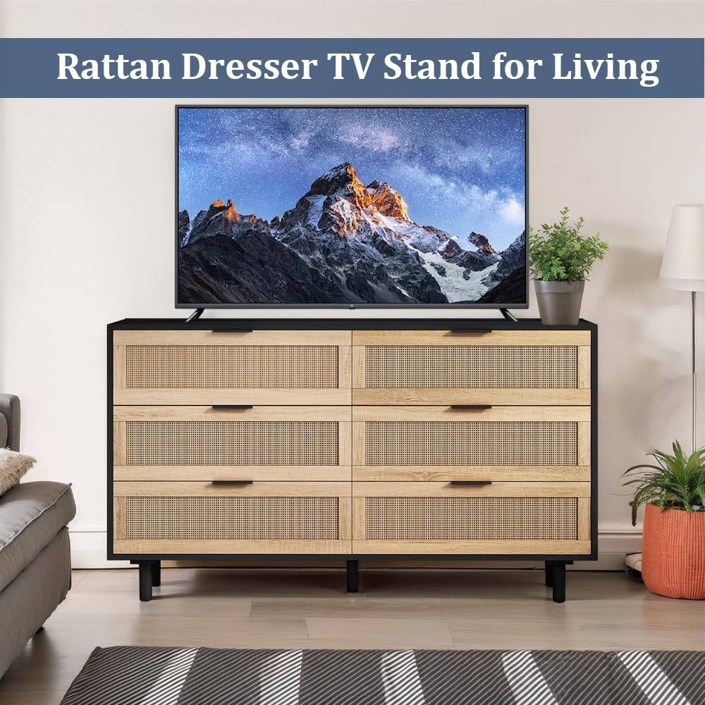 NTYUNRR 51.18" Black Rattan Dresser, 6 Drawer Double Dresser for Bedroom, Wooden Dresser Chest of Drawers, Modern Large Closet Boho Dressers Storage Cabinet, for Living Room Hallway Entryway, M NTYUNRR