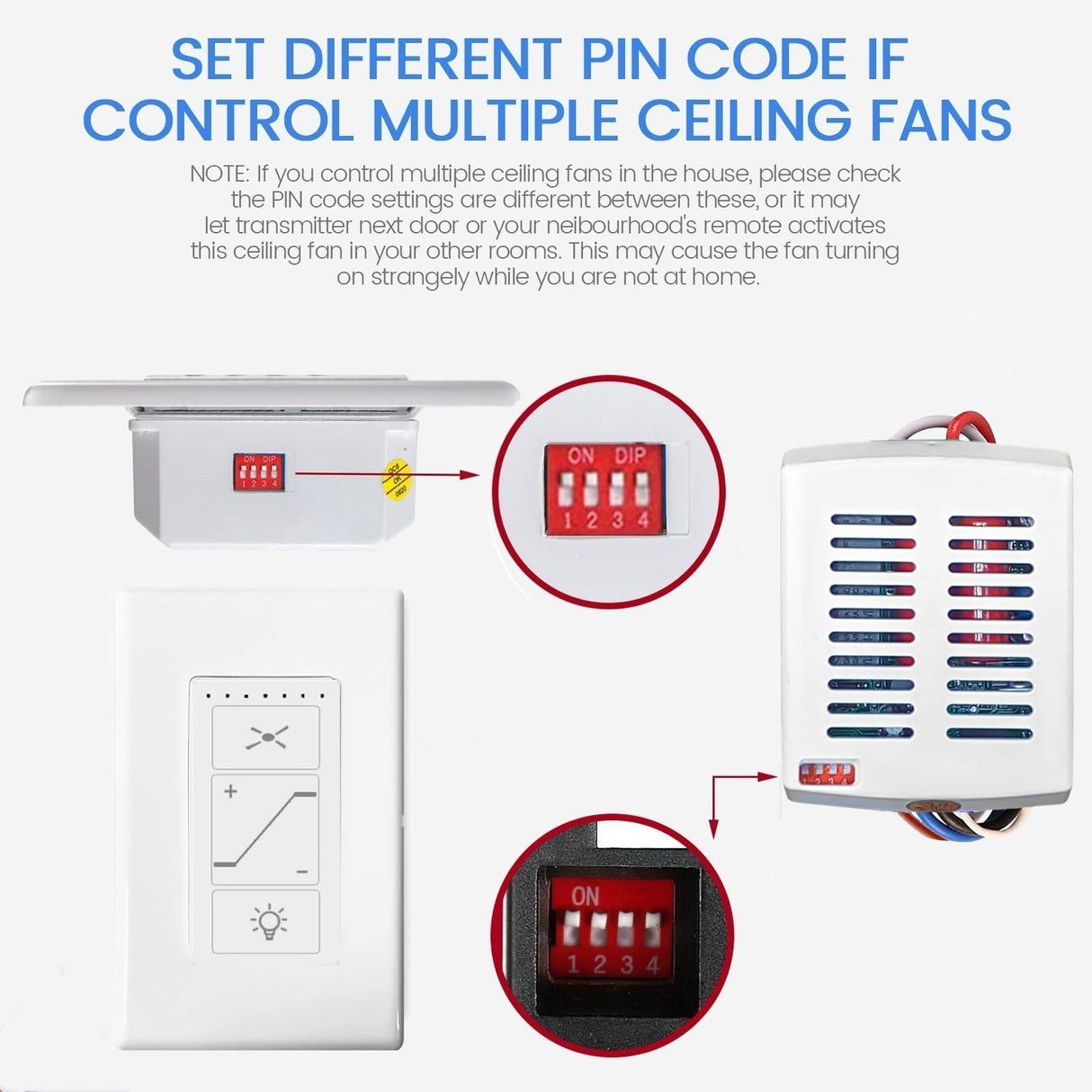 53T Universal Ceiling Fan and Light Wall Remote Control Kit, Small Size Receiver 3 Speed Light Dimmer 4-Dip Wall Switch Control Compatible with Hampton Bay Harbor Breeze Hunter 53T