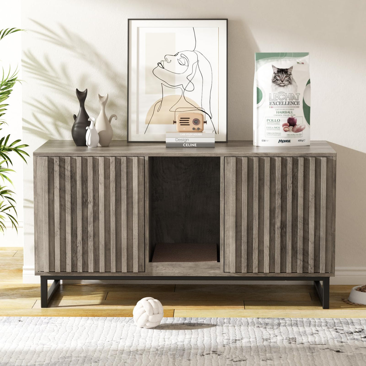 Double Litter Box Enclosure,Modern Cat Litter Box Enclosure for 2 Cats, Hidden Litter Box with Scratch Pad, Cat Washroom Pet House End Table, Entryway Bench for Livingroom (Gray) Halitaa