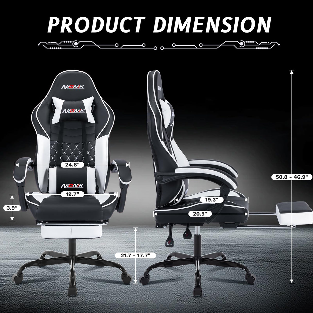 Ergonomic Video Gamer Chairs,Computer Gaming Chairs with Massage Lumbar Support and footrest,Racing Style Computer Chair Adjustable Headrest for Adults,Blackwhite NIONIK